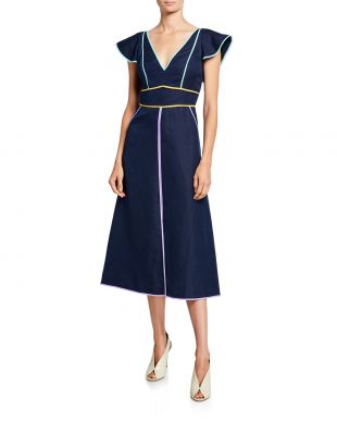 kate spade new york silk/linen v-neck short-sleeve midi dress with contrast trim