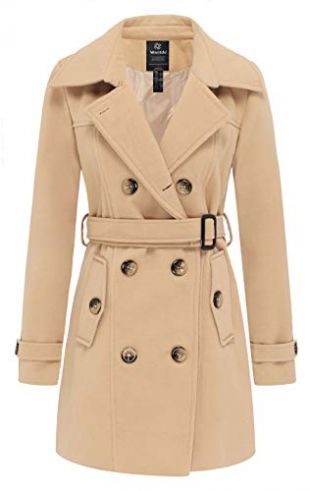 Wantdo Women's Double-Breasted Woolen Coat with Belt, Khaki, Medium