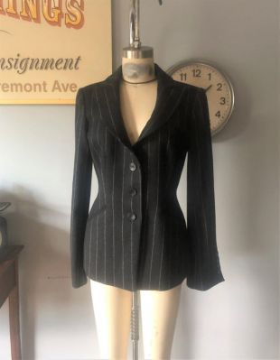 VINTAGE années 1990 Giorgio Armani COLLEZIONI Dark Grey Classic Pin Striped Wool blend Slim fit Wide collar Blazer Jacket grunge Taille 6