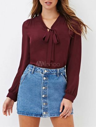 Women Chiffon Blouse Pussy Bow Long Sleeve Top