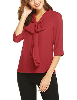 Grabsa Women’s Casual Bow Tie Neck Half Sleeve Chiffon Work Office Blouse Shirts Tops Wine RedM
