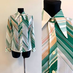 60s - 70s Vintage Stripes Women's Soft Dagger Collar Button Up Long Sleeves Green White Stripped Blouse Hippie Boho Festival Size L