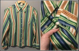 70s St Michael Green Blue and White Striped Shirt Womens Button Down Shirt Women Button Up Shirt Butterfly Collar Striped Blouse Size Medium