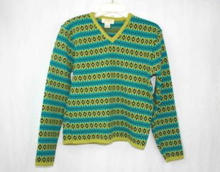 Pull femme vintage des années 90 des années 1990 vert bleu turquoise Chartreuse polyester grandes rayures nordique géométrique Express tricot col V extensible