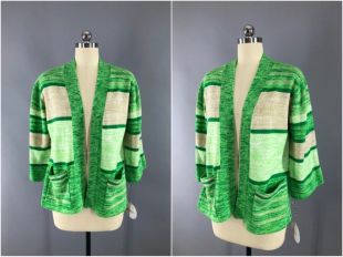 Pull Cardigan vintage des années 1970/Bright Green & Tan rayures/Vintage pull CARDI/manches cloche