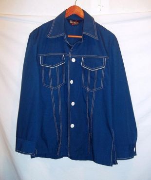 Sears 70 s Vintage pour homme chemise bleu marine veste bouton devant passepoil blanc garniture Perma Prest M