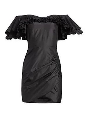 Off-The-Shoulder Pleated & Ruched Silk Taffeta Butterfly Sheath Dress in Black