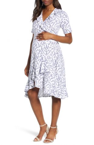 White Lavender Print and Ruffle Wrap Maternity Dress