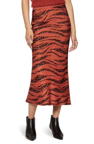 Orange Zebra Print Silk Midi Skirt