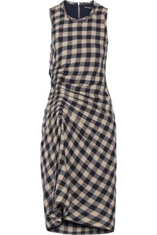 Ruched checked wool and linen-blend dress