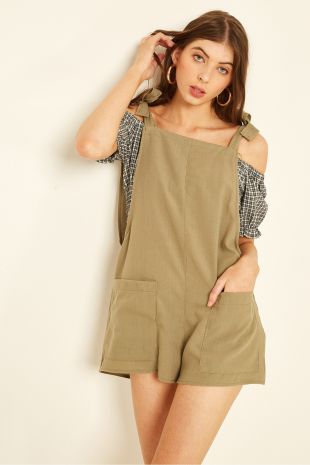 Perfect Stranger Tie Shoulder Short Overalls Khaki