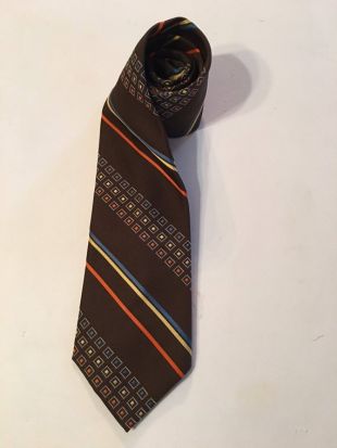 1970 's VINTAGE 4 "large 100% polyester cravate. Cravate de marque Florentino en géométrique impression & Stripe Design en brun, orange, bleu, jaune
