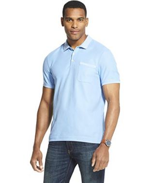 Van Heusen Men's Slim Fit Never Tuck Short Sleeve Solid Polo Shirt, Della Robbia Blue, Medium