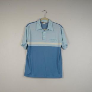polo en maille bleue 70s Vintage rayé à manches courtes coton mélange couleur bloc Morro Bay pull-shirt homme Large