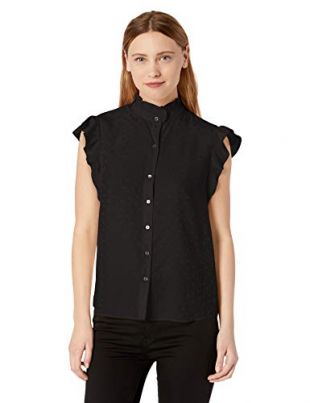 Rebecca Taylor Women's Sleeveless Ruffle Sleeve Silk Top, Black, 0