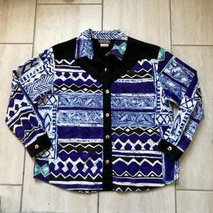 Vintage des années 1990 bleu noir Tribal au sud-ouest Trippy Ozark Tribal motif géométrique bouton rétro-Sz M