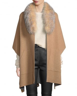 Double-Face Cashmere Cape with Fur Collar