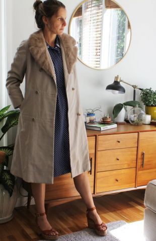 Manteau beige kaki - Style col en fourrure doublé