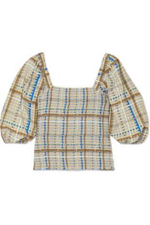 Shirred checked cotton-poplin top