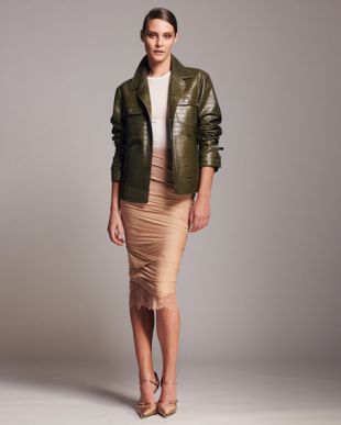Lace-Hem Ruched Pencil Skirt