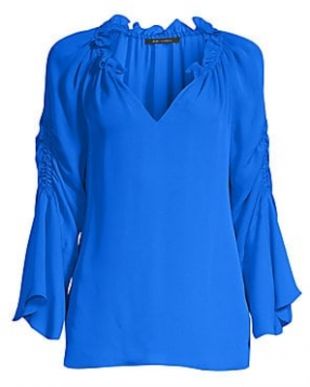 Blue Ruched Silk Bell-Sleeve Blouse