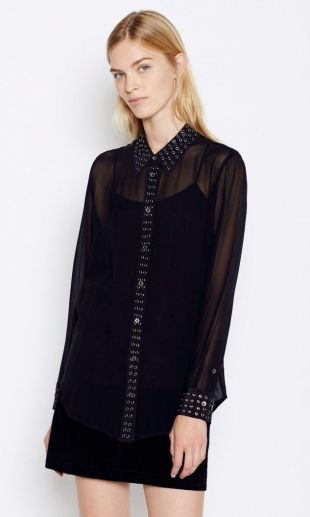 NWT EQUIPMENT SzL REESE SHEER GROMMET-TRIM LONG SLEEVE SHIRT TRUE BLACK $348. | eBay