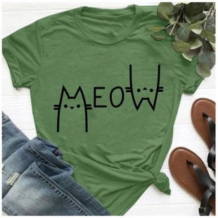 T-shirt mignon 100% Cotton Print 'Meow' O-neck