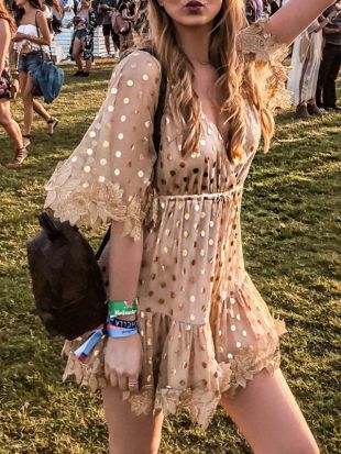 Golden Polka Dot Grenadine Draped Embroidery V-neck Sweet Party Mini Dress