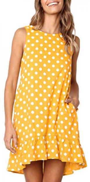 LouKeith Womens Dresses Sleeveless Polka Dot Ruffle Casual Summer Beach Loose Short Tank Dress with Pockets Yellow XL