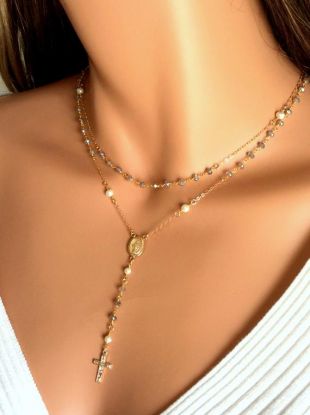 Labradorite Rosary Necklace Multi Strand 14kt Gold Sterling Silver Cross Necklaces Women Miraculous Double Lariat Bijoux cadeau catholique