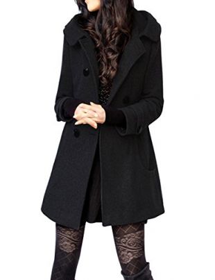 Tanming Women's Winter Double Breasted Wool Blend Long Pea Coat with Hood (Medium, Black)