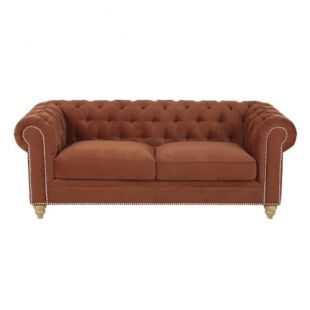 Canapé capitonné 3 places en velours orange brique