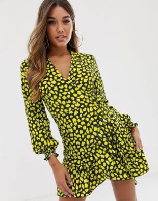 John Zack frill wrap tea dress in yellow splodge print | ASOS