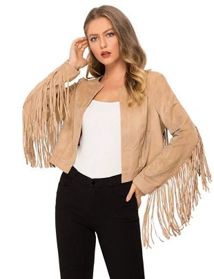 Escalier Women's Fringe Faux Suede Jackets Long Sleeve Tassel Open Front Coat Moto Biker Jacket Tops Khaki Female