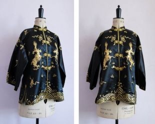 Vintage chinois noir et or dragon main brodée robe de soie veste de tunique kimono - veste en soie brodée chinoise - robe en soie orientale