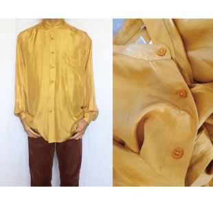 Chemises de soie unisexe vintage, jaune, moutarde, or, 100silk, pour les femmes, pour les hommes