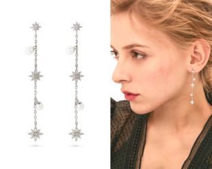 Star earrings, Silver drop earrings, Star drop earrings, Pearl drop earrings, Silver star earrings, Celestial earrings, Celestial jewelry
