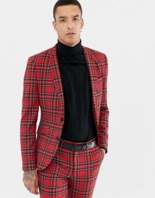 super skinny suit jacket in red plaid check
