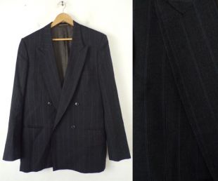 Vintage Giorgio Armani Mani Blazer, Veste rayée noire et bleue Homme 42L, Armani Sport Coat, Manteau Sport rayé, Designer, Double Breasted