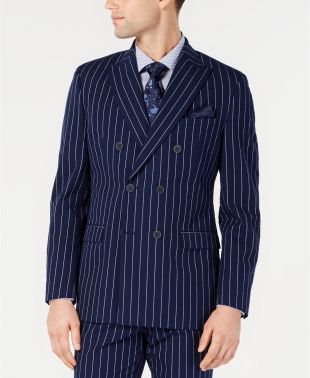 Bar III Men's Slim-Fit Seersucker Blue Pinstripe Double Breasted Suit Jacket, Created for Macy's