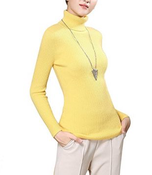 Fengtre Women's Turtleneck Cashmere Elastic Long Sleeve Slim-fit Pullover Knit Sweater, Yellow S
