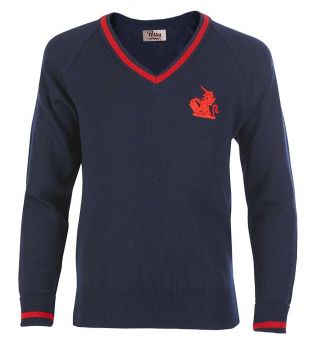 JMP-02-TOM - V neck Jumper - Navy/red/logo