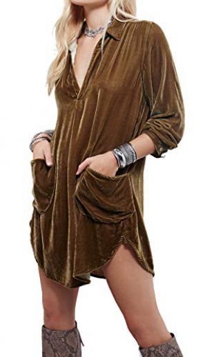R.Vivimos Womens Velvet Long Sleeve Pocket Casual Mini Shirt Dress (Large, Brown)