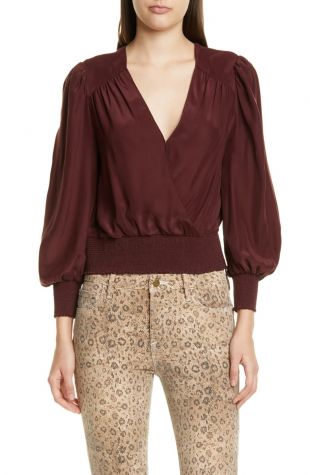 Smocked Hem Surplice Silk Top in Bordeaux