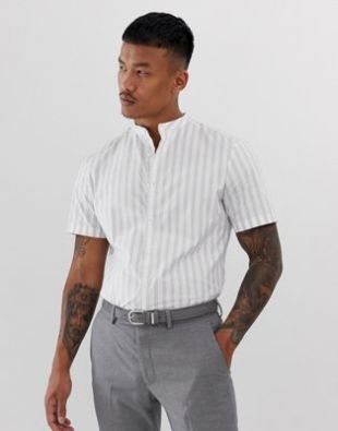 ASOS DESIGN slim fit grandad collar shirt in gray stripe | ASOS