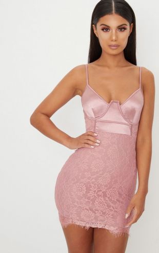 Dusty Pink Satin Top Bustier Lace Bodycon Dress