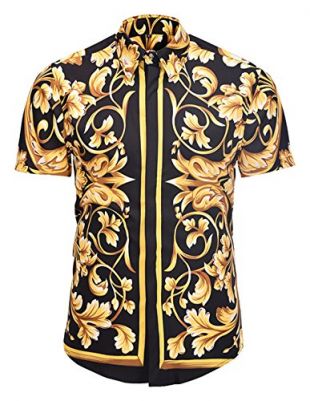 PIZOFF Men's Luxury Short Sleeve Golden Floral Print Button Down Dress Shirt AL003-25-XL