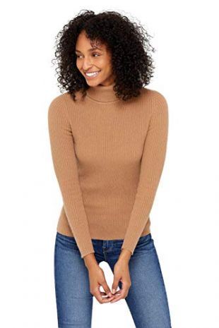 State Cashmere Ribbed Turtleneck Sweater 100% Pure Cashmere Long Sleeve Pullover for Women (Cammello, Small)