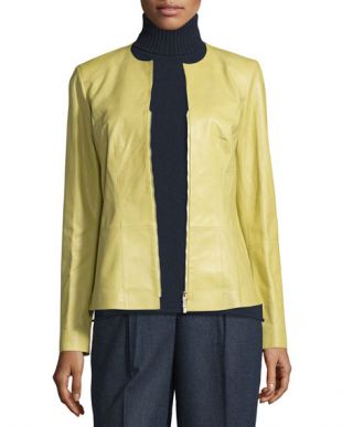 Maris Split-Neck Lambskin Leather Jacket in Plantain
