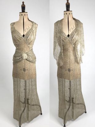 des années 1930 robe de soirée dentelle métallique biais coupe avec correspondance Cape/ceinture et fait sur mesure Slip Vintage antique